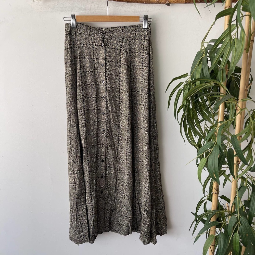 Vintage Blue Skirt Womens M Abstract Printed Boho Western Button Down Maxi